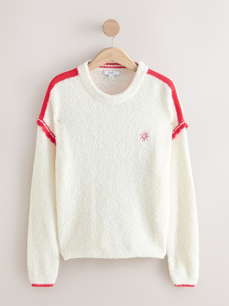 White/Red Tipped Cotton Rich Towelling Knit Crew Neck Jumper - Image 1 of 3