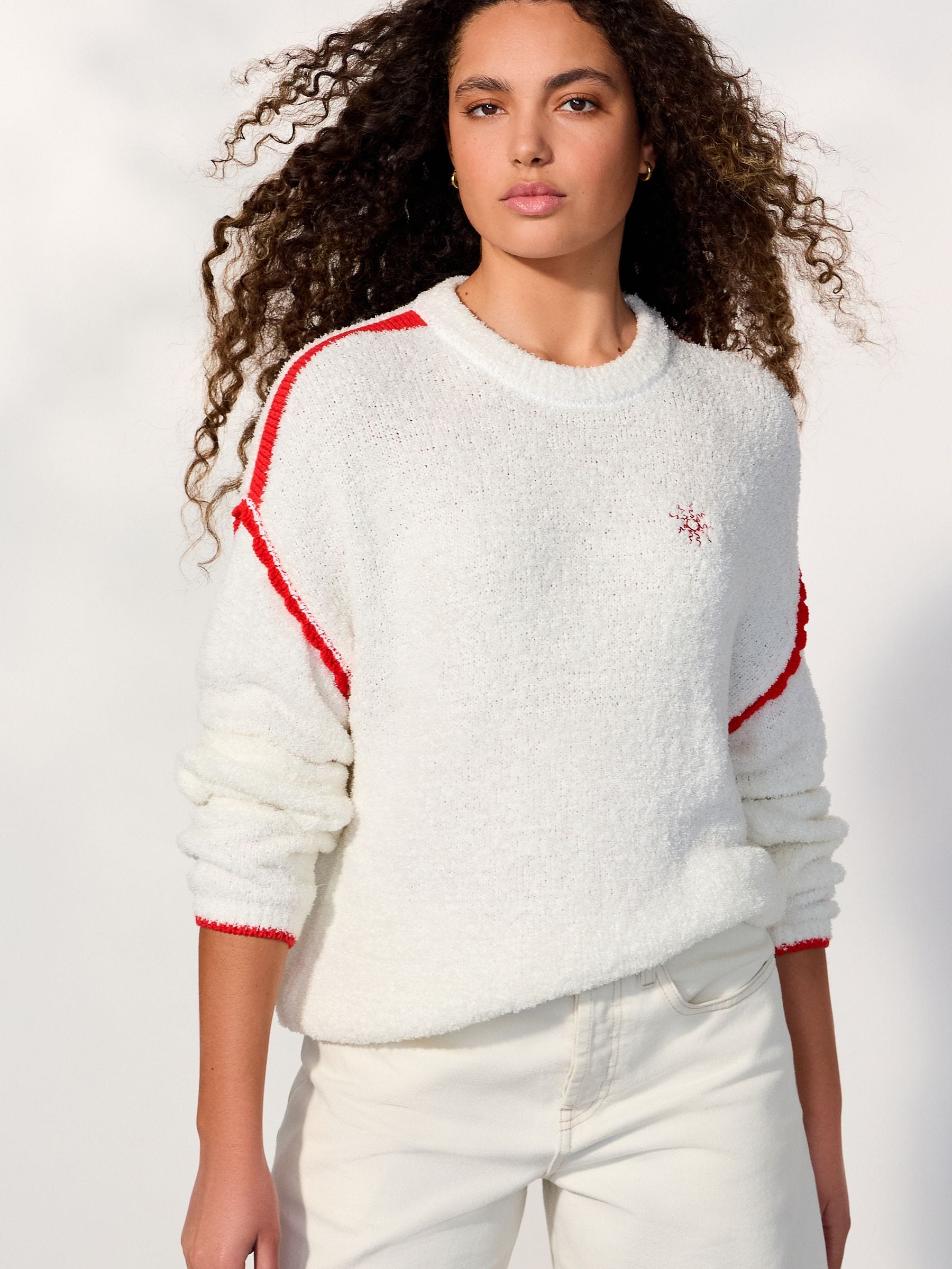 Buy White/Red Tipped Cotton Rich Towelling Knit Crew Neck Jumper