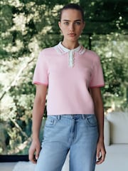 Light Pink Short Sleeve Frill Polo Knitted Top - Image 1 of 7