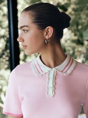 Light Pink Short Sleeve Frill Polo Knitted Top - Image 4 of 7