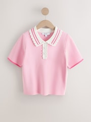 Light Pink Short Sleeve Frill Polo Knitted Top - Image 5 of 7