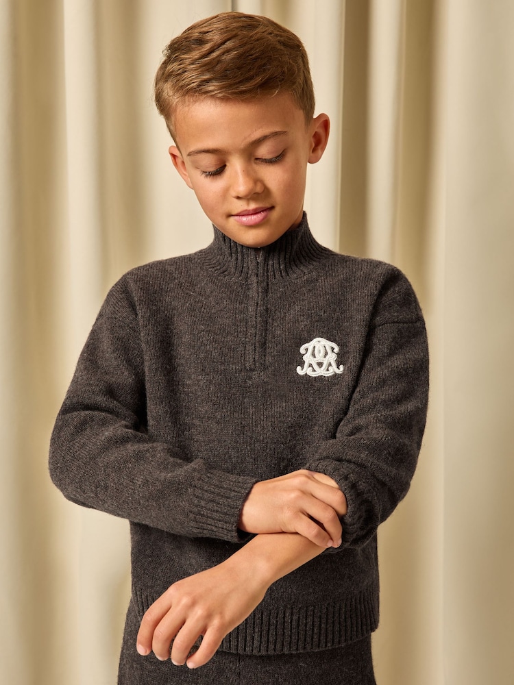 Reiss Chocolate Brown Curtis 3-9 yrs Monogram Relaxed Half-Zip Jumper Wool-Blend Unisex Fit - Image 1 of 6
