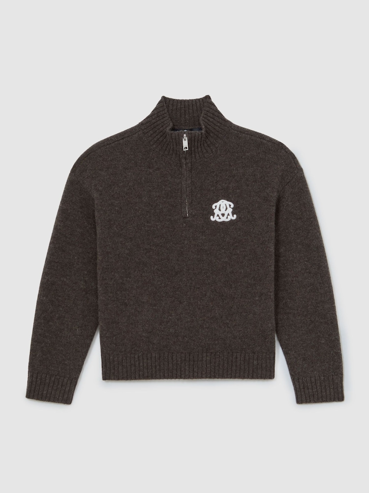 Reiss Chocolate Brown Curtis 3-9 yrs Monogram Relaxed Half-Zip Jumper Wool-Blend Unisex Fit - Image 2 of 6