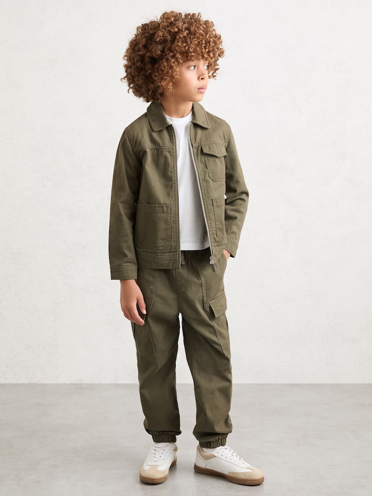 Reiss Khaki Helix 9-13 yrs Cotton Cuffed Cargo Trousers - Image 1 of 6