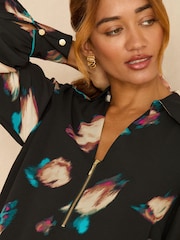 Love & Roses Black Animal Petite Long Sleeve Zip Front Blouse - Image 2 of 4
