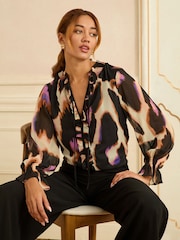 Love & Roses Black Animal Petite Notch Neck Long Sleeve Blouse - Image 1 of 4