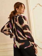 Love & Roses Black Animal Petite Notch Neck Long Sleeve Blouse - Image 4 of 4