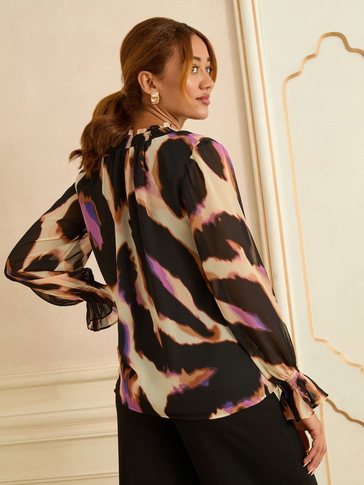 Love & Roses Black Animal Petite Notch Neck Long Sleeve Blouse - Image 4 of 4