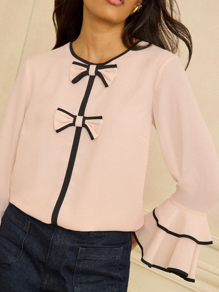 Love & Roses Blush Pink Bow Petite Crew Neck Pleated Flute Sleeve Blouse - Image 2 of 4 Love & Roses Blush Pink Bow Petite Crew Neck Pleated Flute Sleeve Blouse - Image 2 of 4