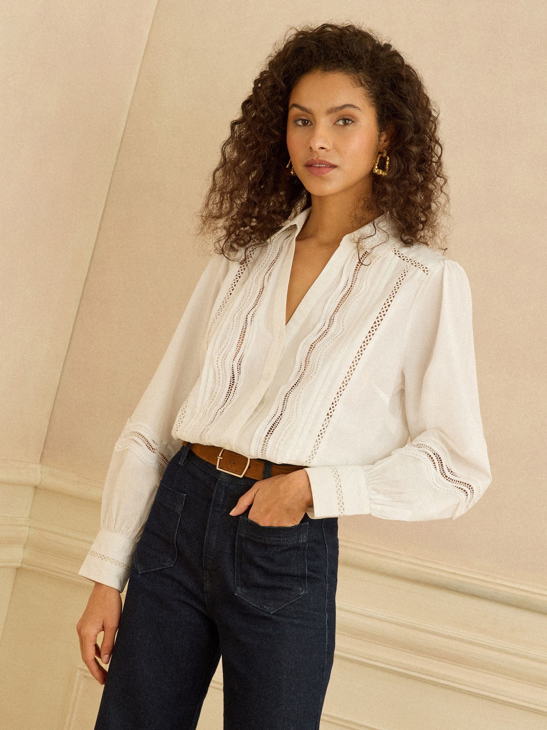 Buy Love & Roses White Petite Lace Trim Button Through Long Sleeve