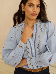 Love & Roses Blue Stripe Tulip Petite Embroidered Long Sleeve Notch Neck Blouse - Image 1 of 4