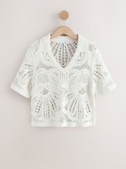 Ecru Crochet Knit Open Neck Polo Top - Image 1 of 3