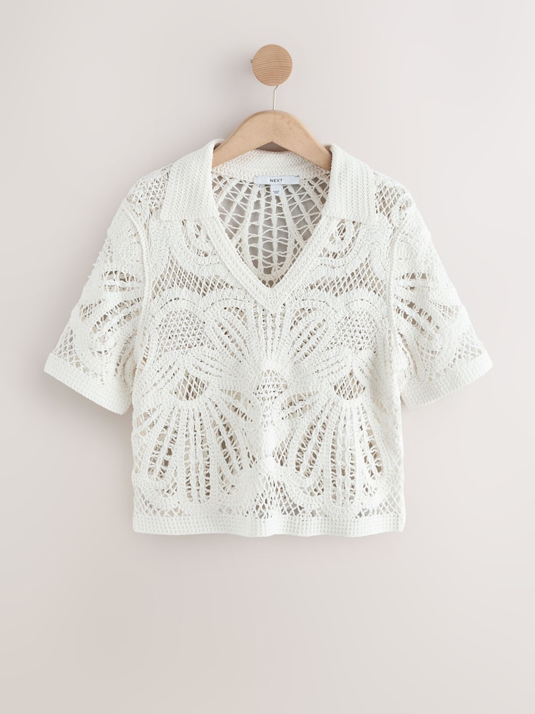 Ecru Crochet Knit Open Neck Polo Top - Image 1 of 3