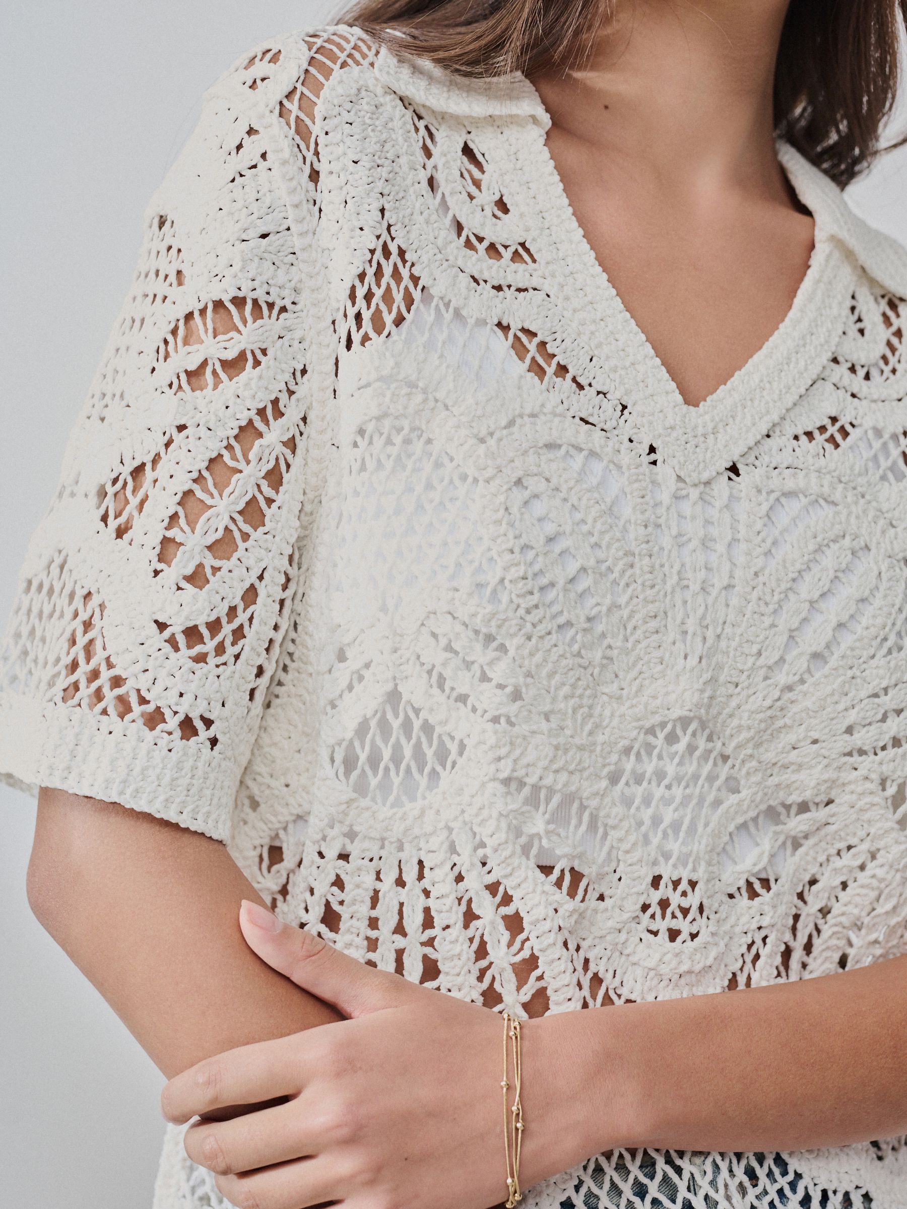 Buy Ecru Crochet Knit Open Neck Polo Top from Next South Africa