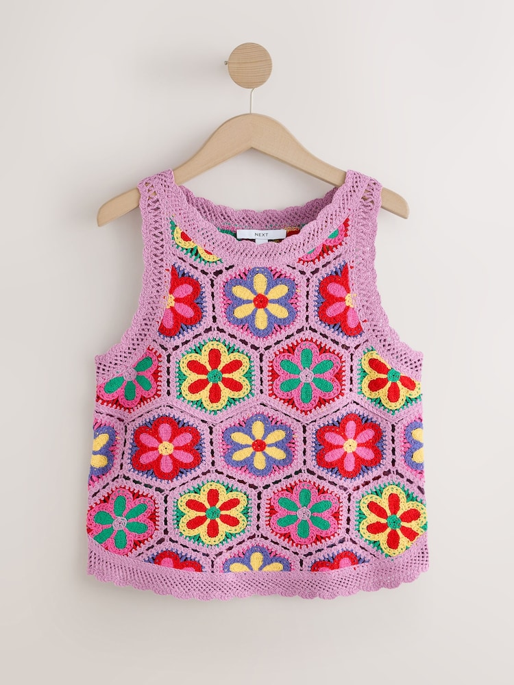 Purple Bright Multi Crochet Knit Floral Tank - Image 1 of 3