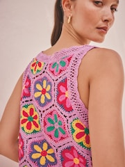 Purple Bright Multi Crochet Knit Floral Tank - Image 5 of 8