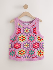 Purple Bright Multi Crochet Knit Floral Tank - Image 6 of 8