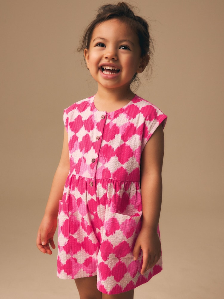 Neon Pink Soft Checkerboard Print Sleeveless Playsuit (3mths-7yrs) - Image 1 of 8