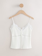 White V-Neck Ribbed Lace Trim Vest - Image 1 of 3