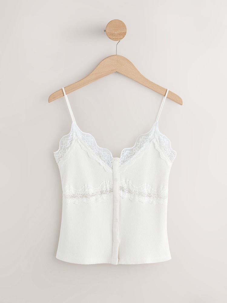 White V-Neck Ribbed Lace Trim Vest - Image 1 of 3 White V-Neck Ribbed Lace Trim Vest - Image 1 of 3