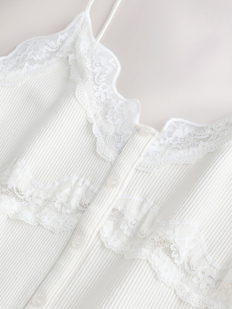 White V-Neck Ribbed Lace Trim Vest - Image 3 of 3 White V-Neck Ribbed Lace Trim Vest - Image 3 of 3