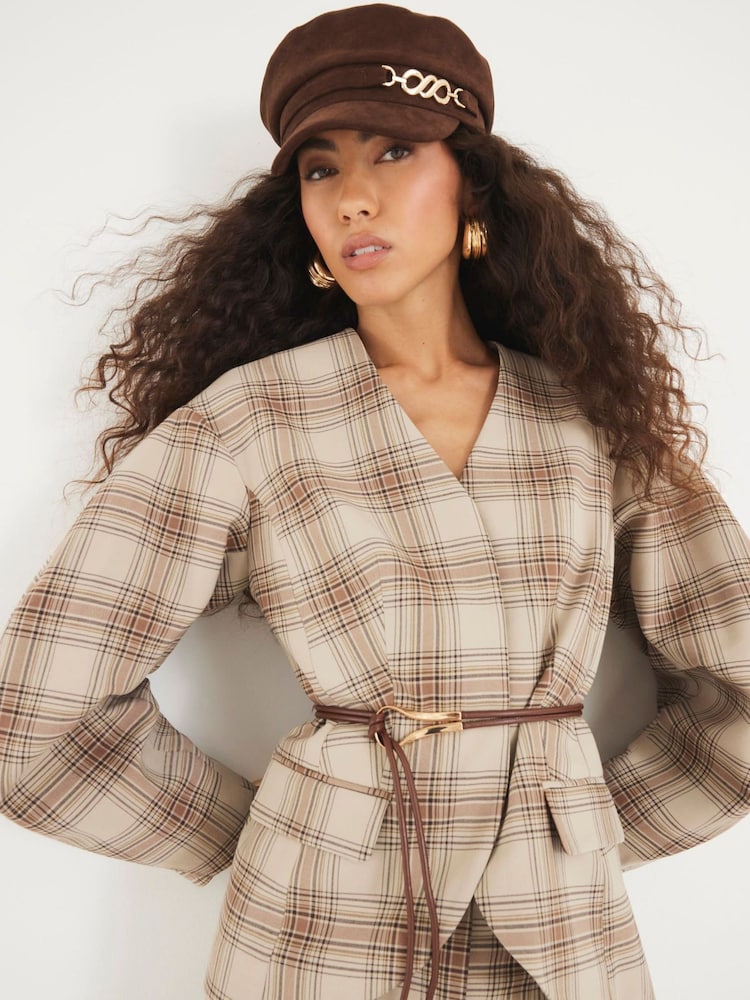 Buy River Island Brown Belted Check Cocoon Sleeve Blazer from the