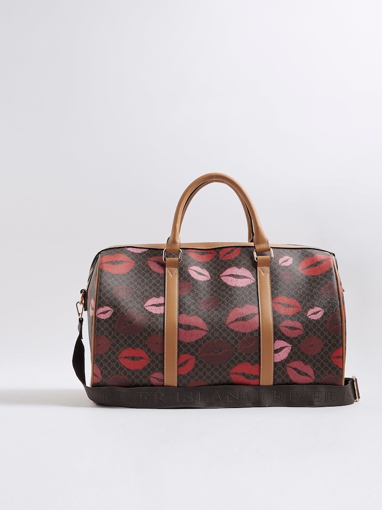River Island Brown Morgan Collab Lips Print Holdall Bag - Image 2 of 5