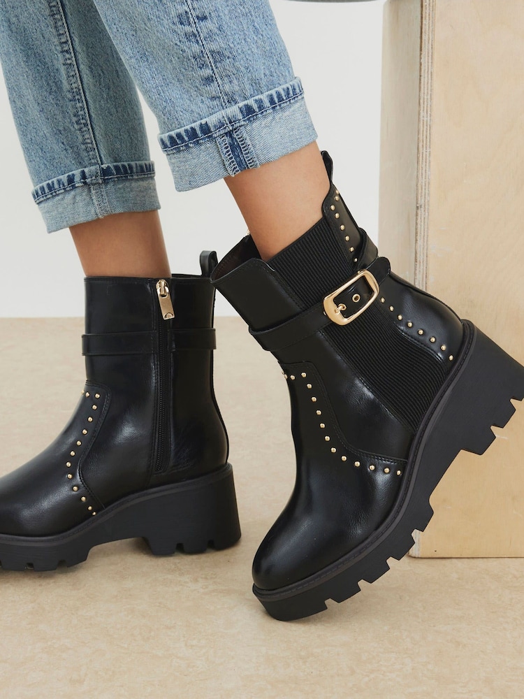 River Island Black Studded Buckle Wedge Boots - Image 1 of 6 River Island Black Studded Buckle Wedge Boots - Image 1 of 6
