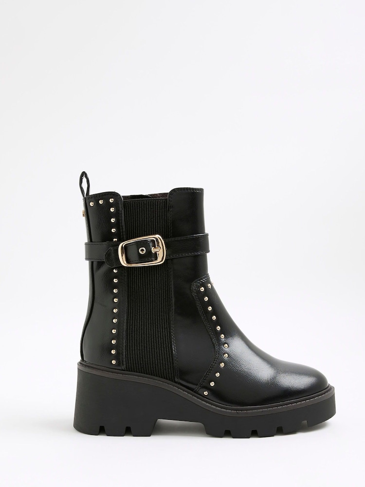 River Island Black Studded Buckle Wedge Boots - Image 2 of 6 River Island Black Studded Buckle Wedge Boots - Image 2 of 6
