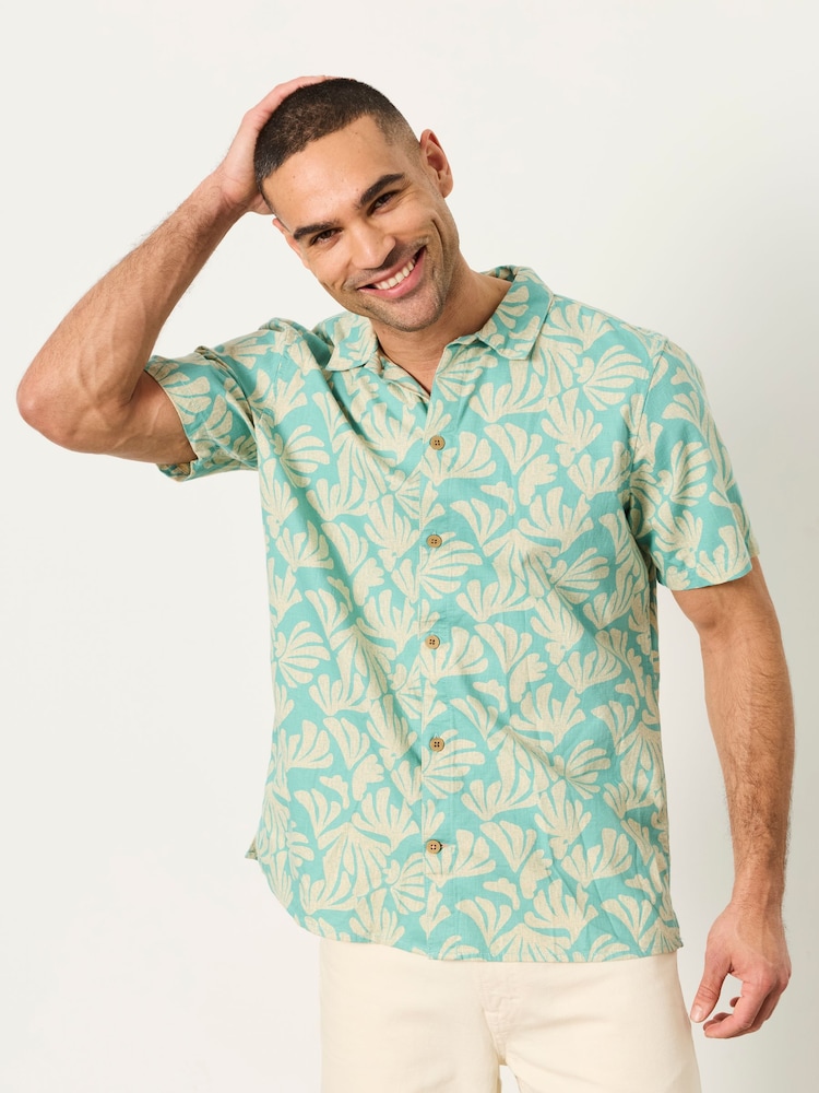 FatFace Light Teal Short Sleeve Coral Print Shirt - Image 1 of 6
