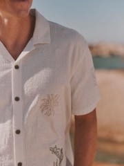 FatFace White Short Sleeve Relaxed Fit MCS Sea Embroidery Shirt - Image 3 of 5