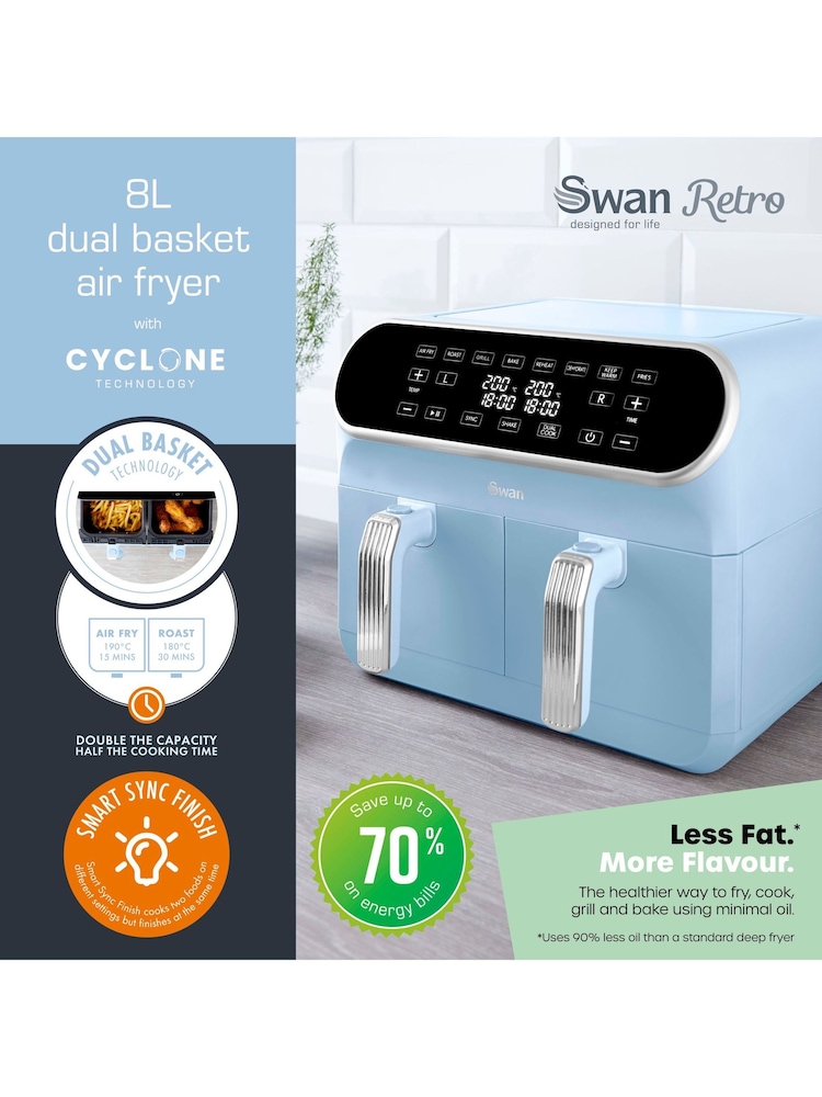 Swan Blue Retro Dual Basket Air Fryer - Image 2 of 6 Swan Blue Retro Dual Basket Air Fryer - Image 2 of 6