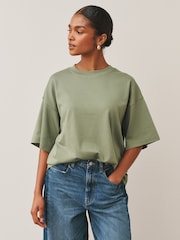 カーキ グリーン - オーバーサイズ リラックスフィット ボクシー 厚手 クルーネック Tシャツ - 画像 1 / 4