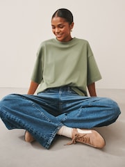 カーキ グリーン - オーバーサイズ リラックスフィット ボクシー 厚手 クルーネック Tシャツ - 画像 3 / 4