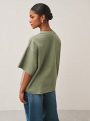 カーキ グリーン - オーバーサイズ リラックスフィット ボクシー 厚手 クルーネック Tシャツ - 画像 4 / 4