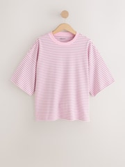 ピンクストライプ - オーバーサイズ リラックスフィット ボクシー 厚手 クルーネック Tシャツ - 画像 1 / 3