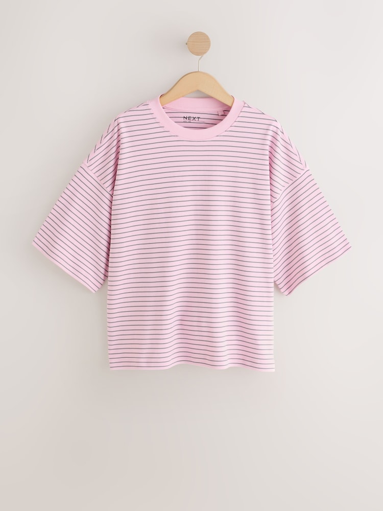 ピンクストライプ - オーバーサイズ リラックスフィット ボクシー 厚手 クルーネック Tシャツ - 画像 1 / 3