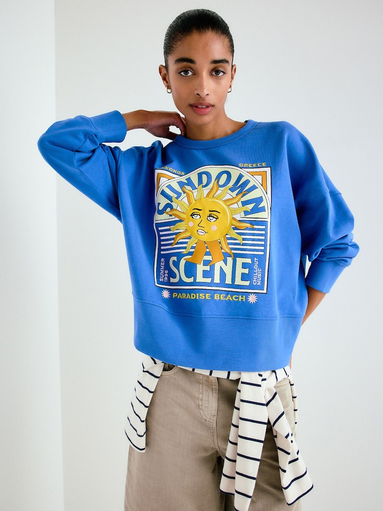 Cobalt Blue Graphic Crew Neck Sweatshirt - Image 1 of 8