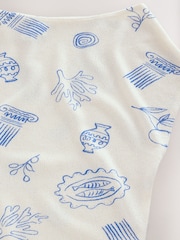 White/Blue Vase Print Slouch Sheerknit Drape Top - Image 6 of 7