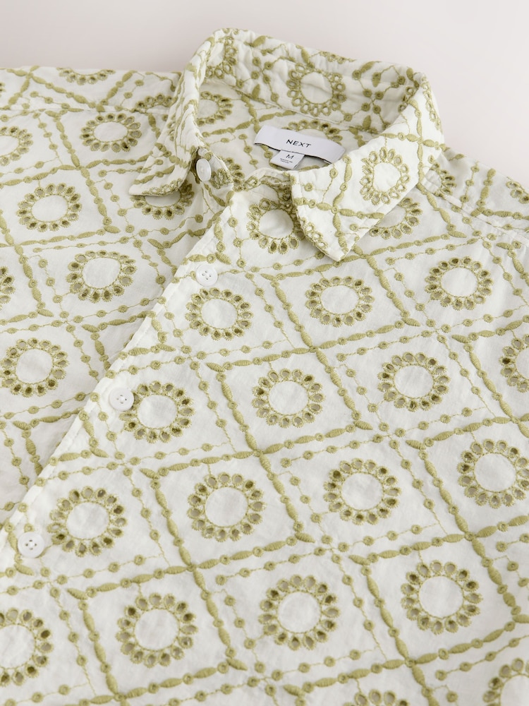 Green Broderie Patterned Short Sleeve Shirt - Image 9 of 9 Green Broderie Patterned Short Sleeve Shirt - Image 9 of 9