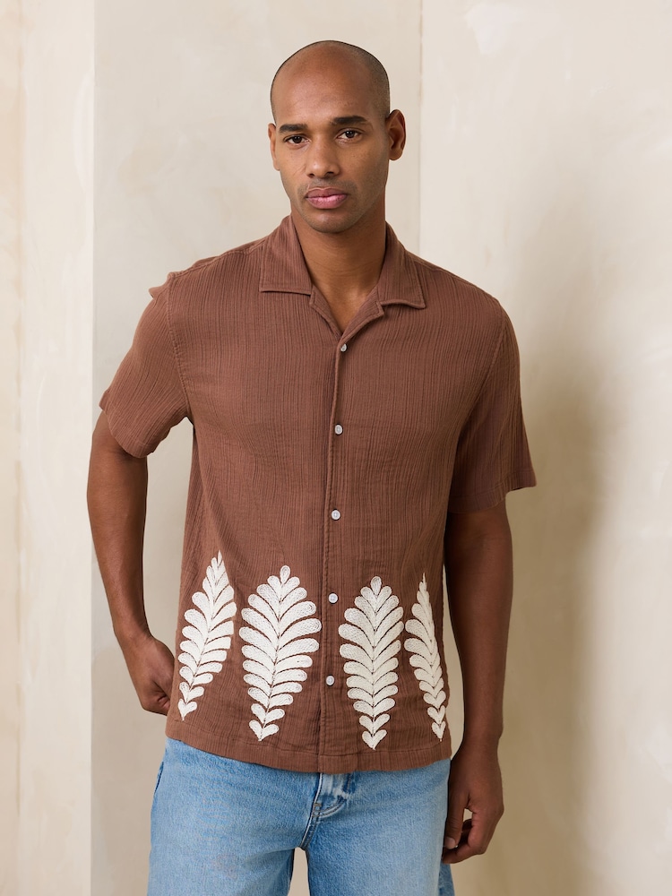 Brown Embroidered Cheesecloth Short Sleeve Shirt - Image 1 of 6