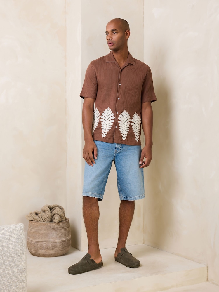 Brown Embroidered Cheesecloth Short Sleeve Shirt - Image 2 of 6