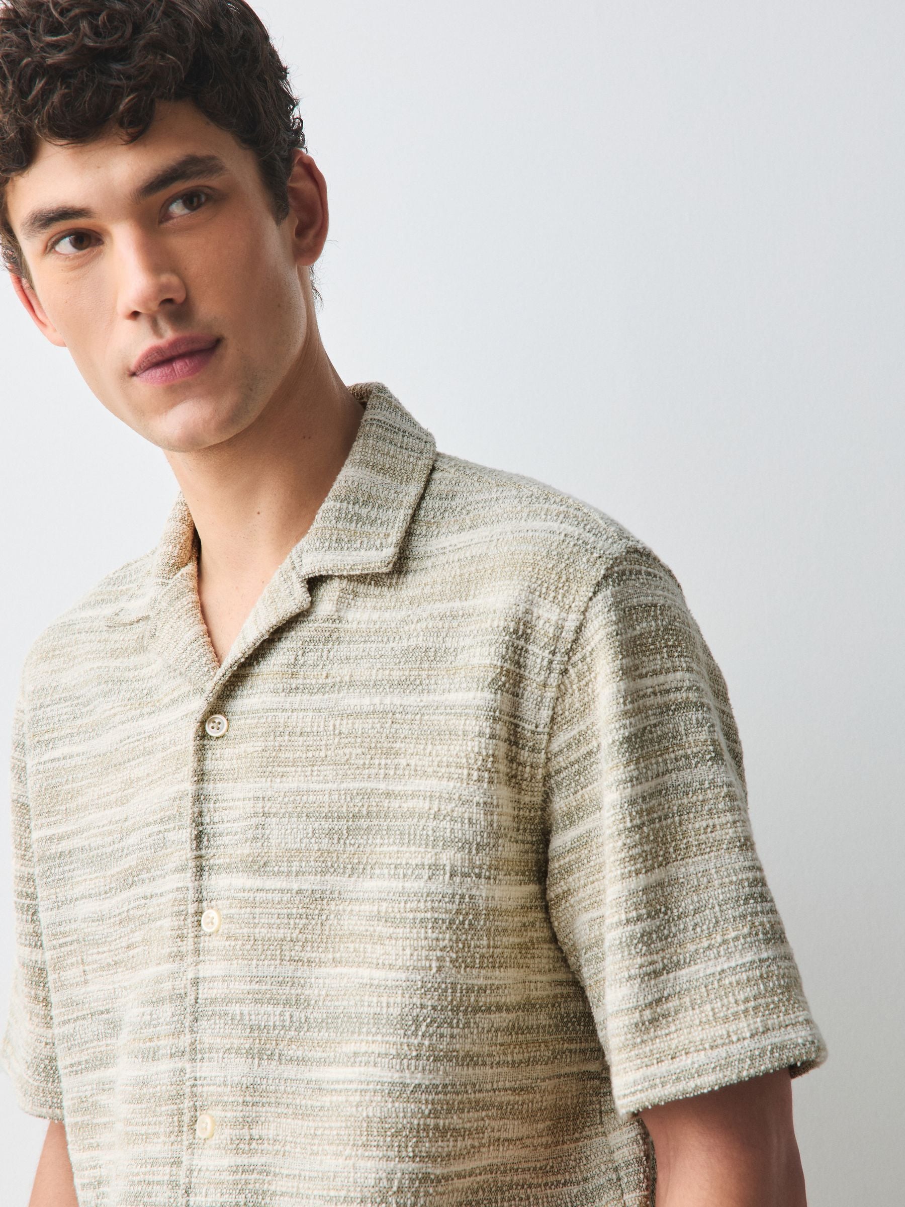 Buy Sage Green Relaxed Fit Jersey Textured Revere Collar Short