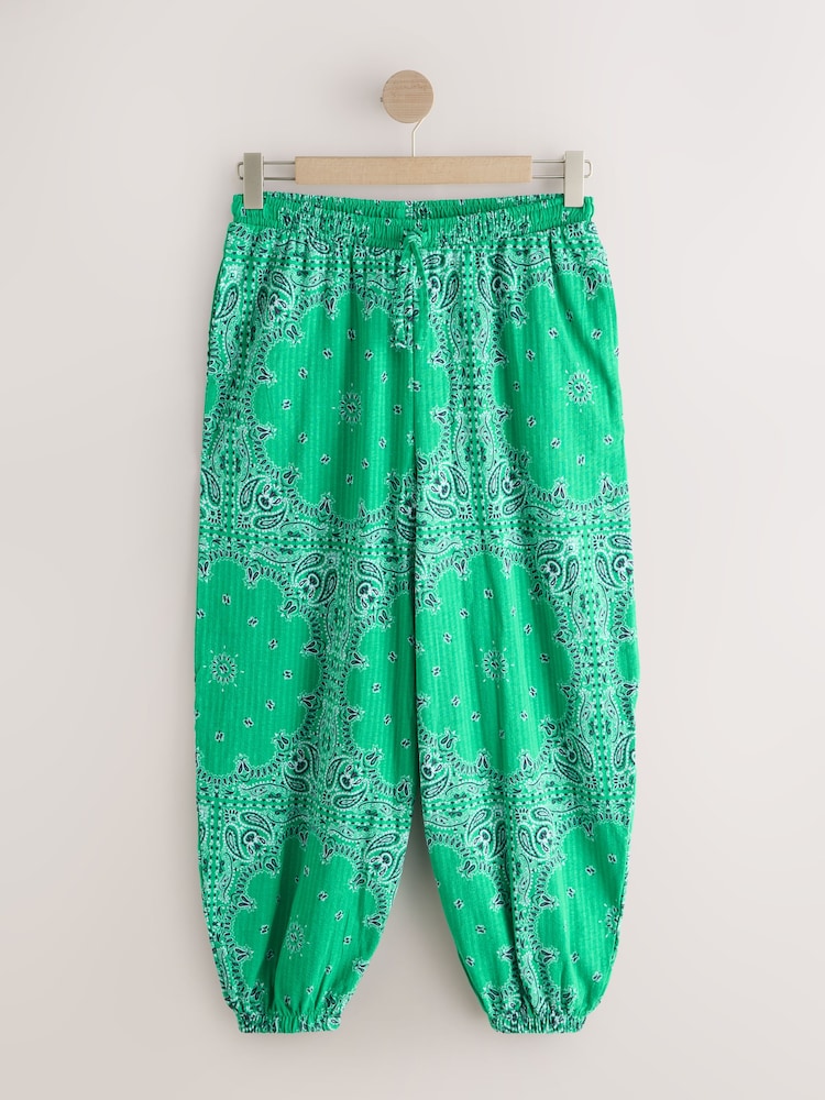 Green Bandana Print Barrel Leg Lightweight Balloon Trousers - Image 1 of 3 Green Bandana Print Barrel Leg Lightweight Balloon Trousers - Image 1 of 3