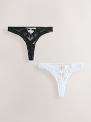 Black/White Thong Lace Front Strappy Knickers 2 Pack - Image 1 of 5