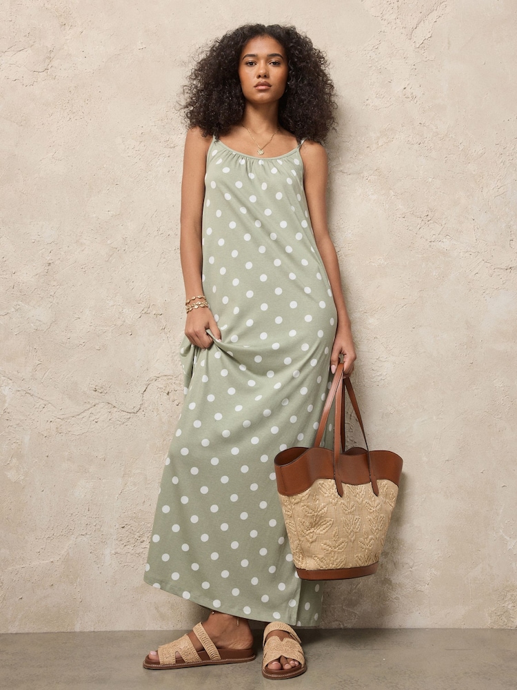 Sage Green Polka Dot Maxi Length Trapeze Shape Ruched Neckline Thin Vest Strap Dress - Image 1 of 7 Sage Green Polka Dot Maxi Length Trapeze Shape Ruched Neckline Thin Vest Strap Dress - Image 1 of 7
