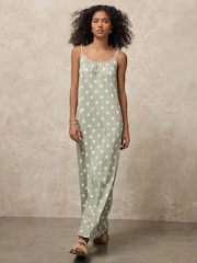 Sage Green Polka Dot Maxi Length Trapeze Shape Ruched Neckline Thin Vest Strap Dress - Image 2 of 7