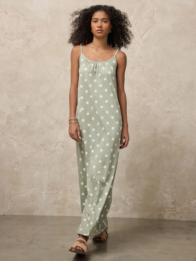 Sage Green Polka Dot Maxi Length Trapeze Shape Ruched Neckline Thin Vest Strap Dress - Image 2 of 7 Sage Green Polka Dot Maxi Length Trapeze Shape Ruched Neckline Thin Vest Strap Dress - Image 2 of 7