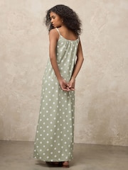 Sage Green Polka Dot Maxi Length Trapeze Shape Ruched Neckline Thin Vest Strap Dress - Image 3 of 7