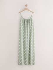 Sage Green Polka Dot Maxi Length Trapeze Shape Ruched Neckline Thin Vest Strap Dress - Image 5 of 7